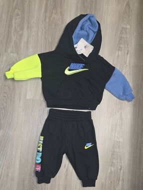 Nike Kids Black Hoodie & Joggers Set with Blue and Neon Yellow Accents